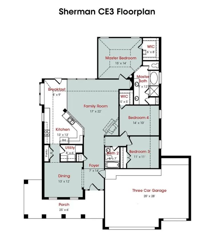 Floorplan of the Sherman CE3 home featuring a central family room, kitchen with breakfast nook, master suite with private bath, two additional bedrooms, dining room, and a three-car garage.