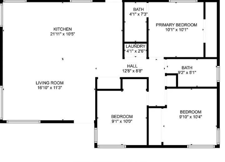 A detailed floor plan of a single-story home with three bedrooms, two bathrooms, and an open-concept kitchen and living room
