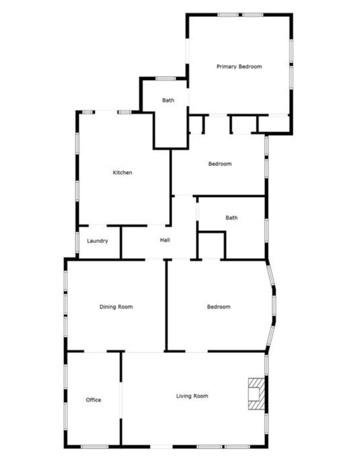 Black-and-white floor plan of a multi-bedroom home with living, dining, kitchen, and office spaces.