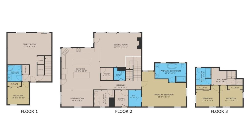 A three-story floor plan with spacious living areas, bedrooms, and multiple bathrooms.