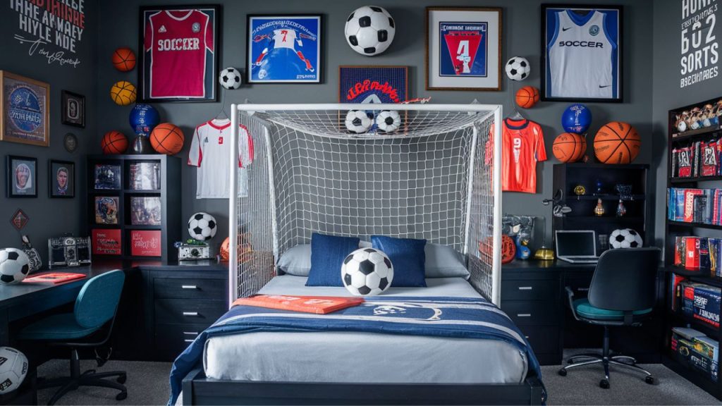 Sports' enthusiast boys' bedroom.
