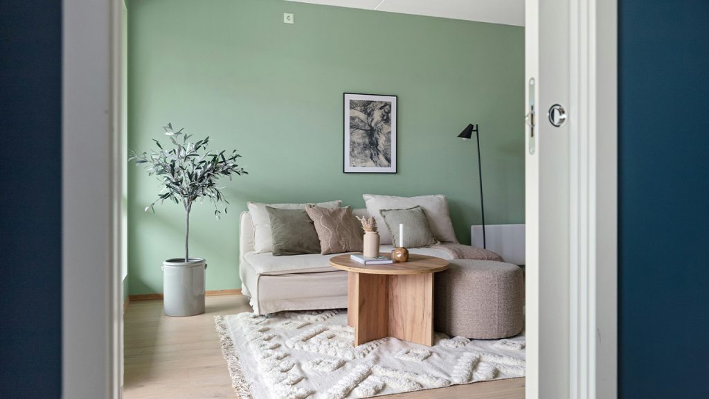 A living room with green walls and a white rug