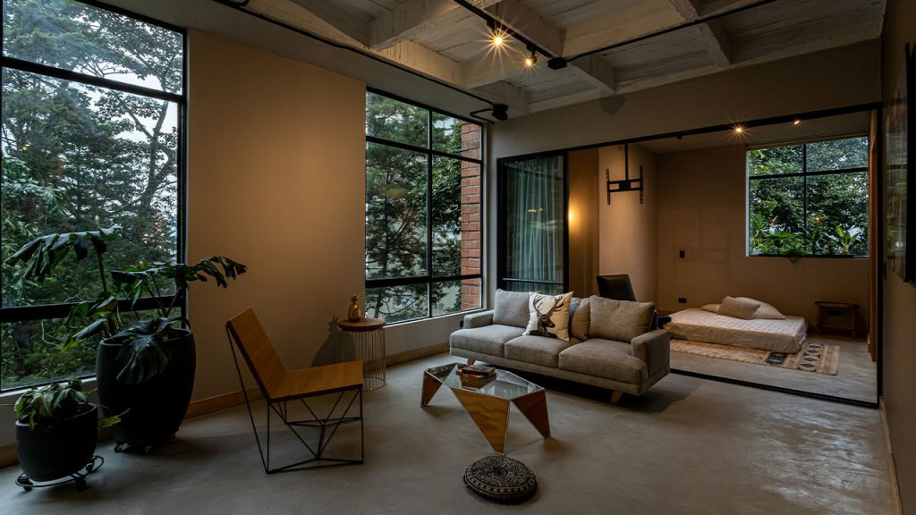 a living room with a large window