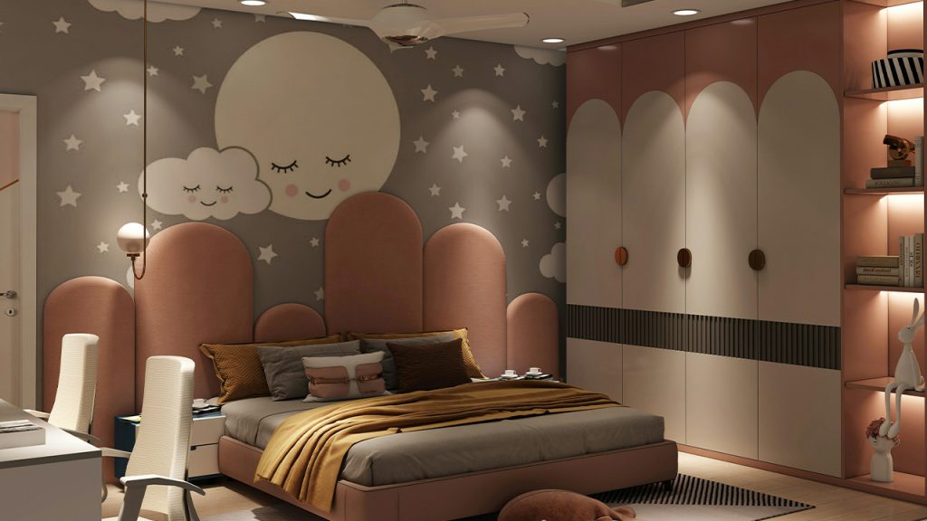 a bedroom with a large bed and a night stand