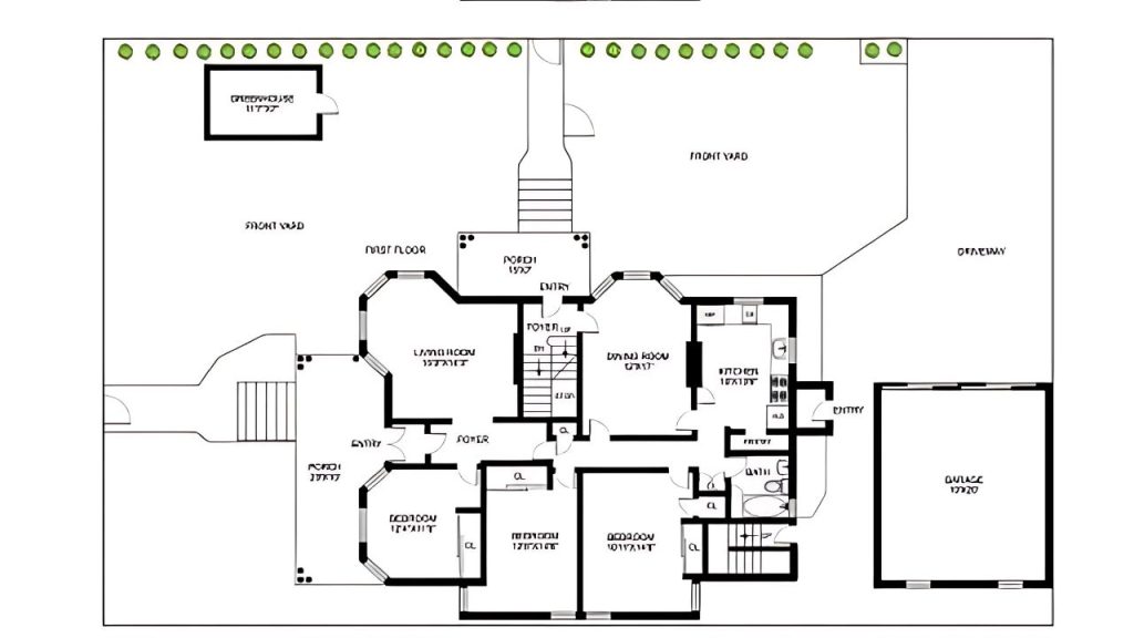 Black-and-white floor plan showcasing a spacious home layout with multiple rooms, a large porch, and a detached garage.
