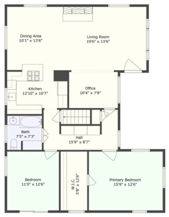 Floor plan showing a living room, dining area, kitchen, office, bath, bedroom, primary bedroom, and walk-in closet (W.I.C.).