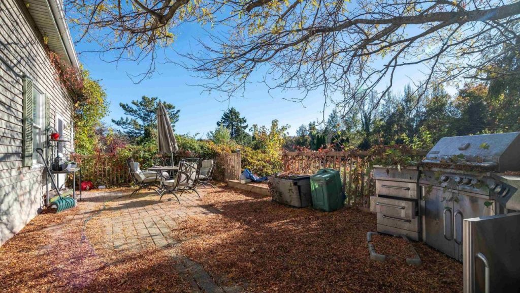 Backyard patio with outdoor dining, grill, and autumn leaves.
