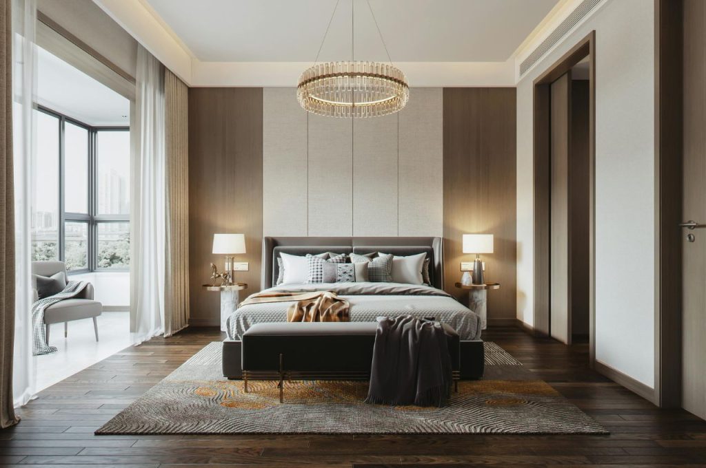 Bedroom with a large area rug.