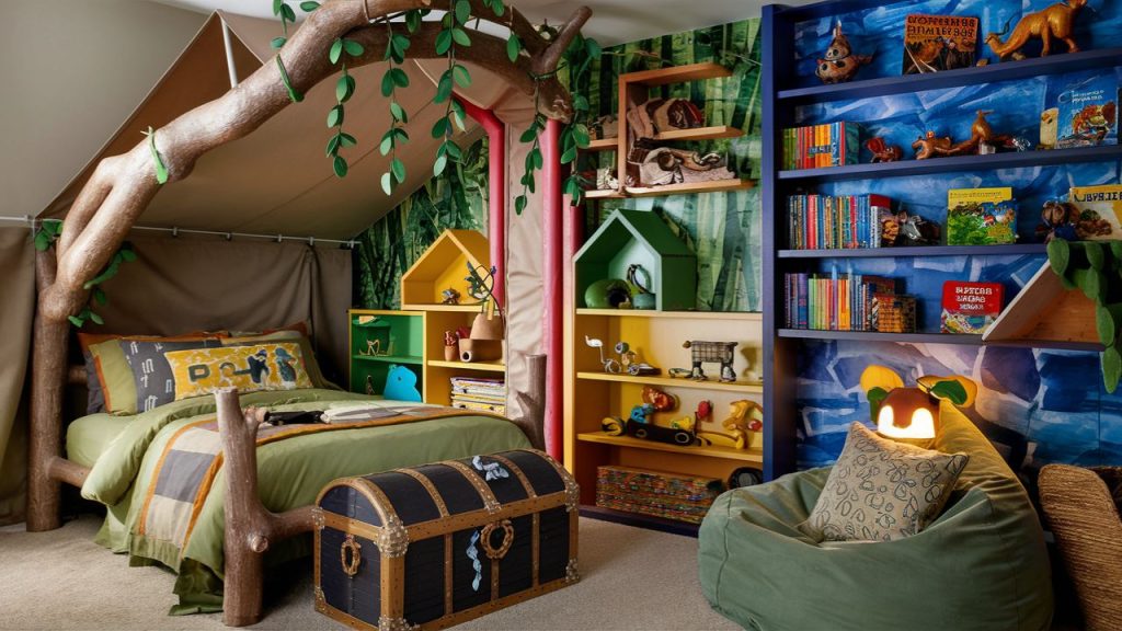 Jungle-themed boys' bedroom.