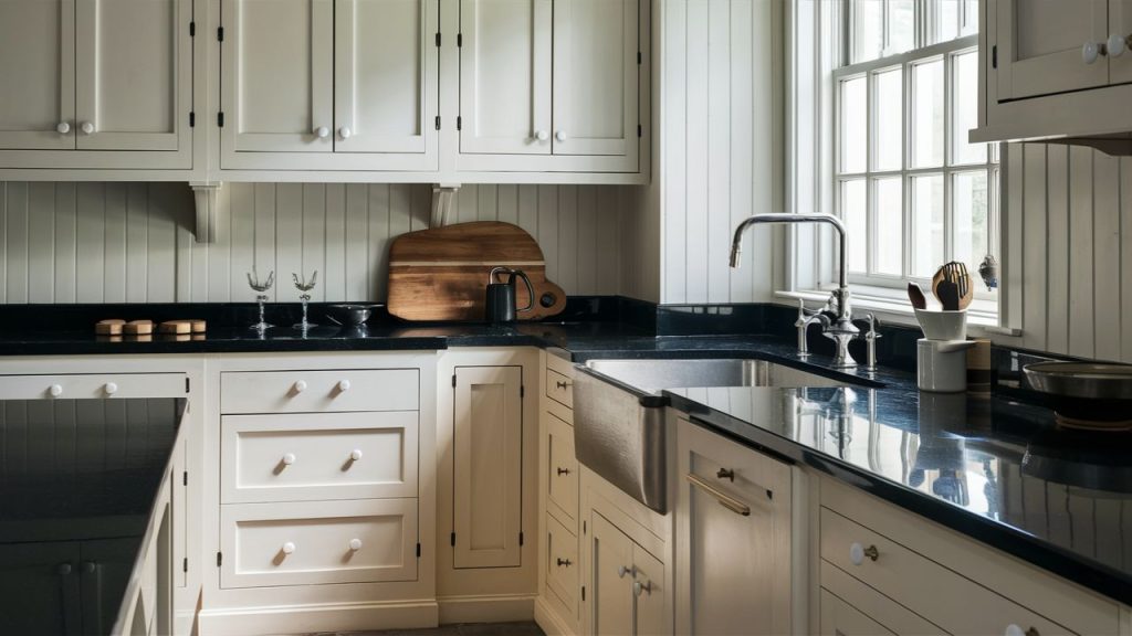 Black Countertops with White Cabinets – A classic black-and-white contrast.