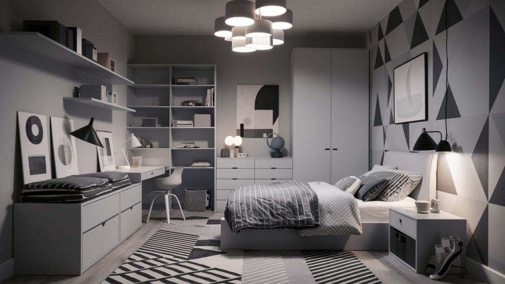 Monochromatic boys' bedroom.