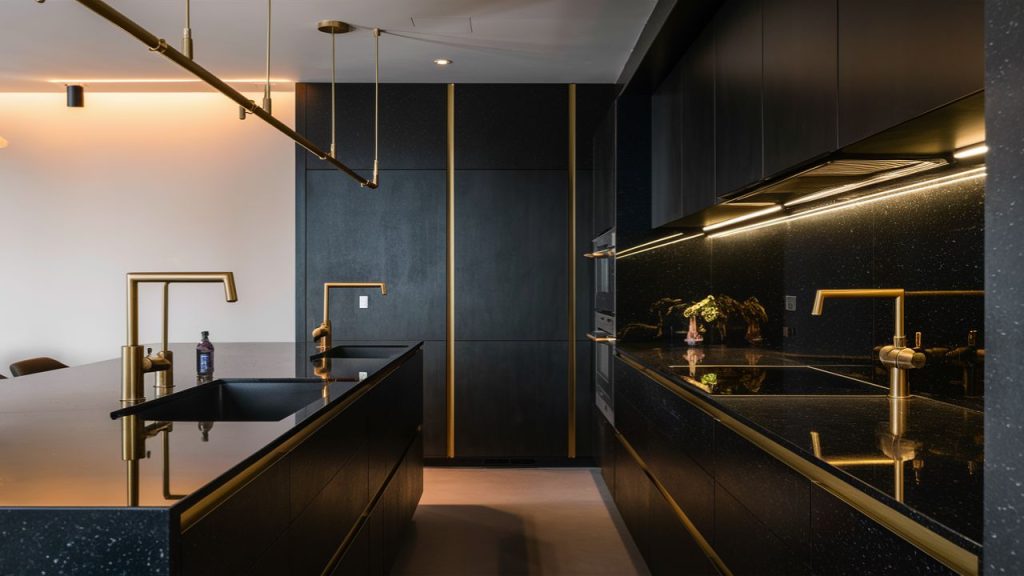 Black Quartz with Gold Fixtures – Adds warmth and sophistication.