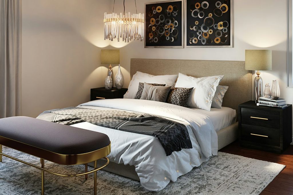 Bedroom with metallic accents.