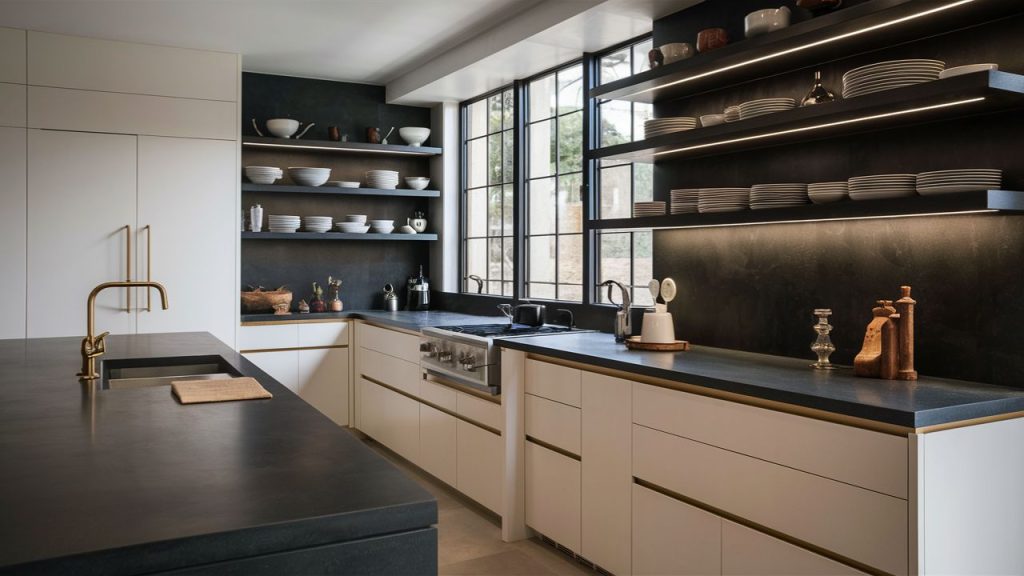 Dark Matte Countertops with Open Shelving – Modern yet inviting.