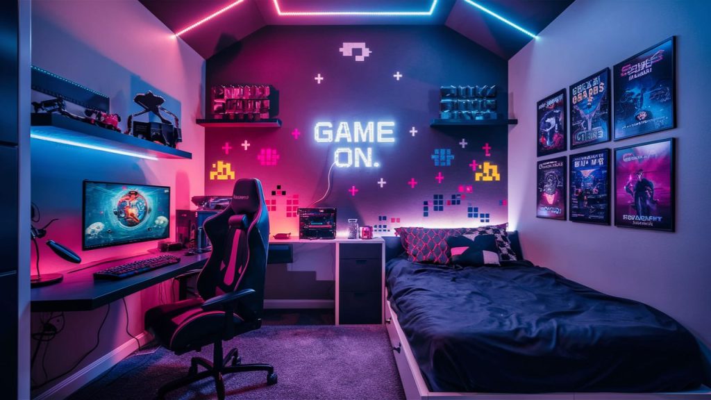 Gamer-themed boys' bedroom.