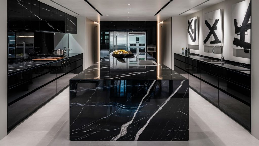 Black Waterfall Edge Island – A seamless and bold centerpiece.