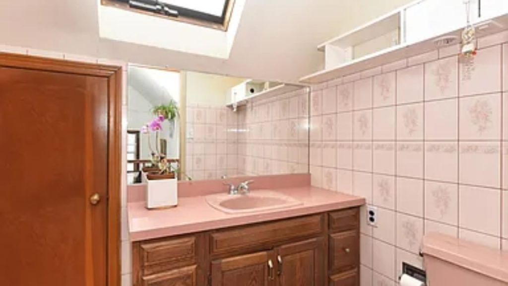 Vintage-style bathroom with pink tiles, a wooden vanity, and a skylight.