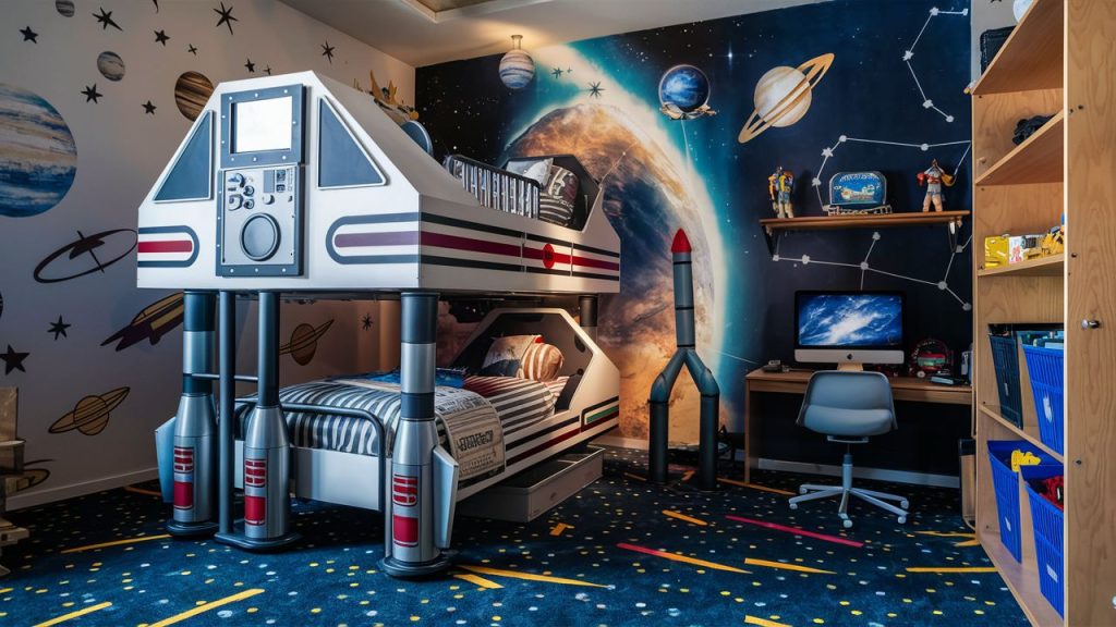 Space explorer-themed boys' bedroom.