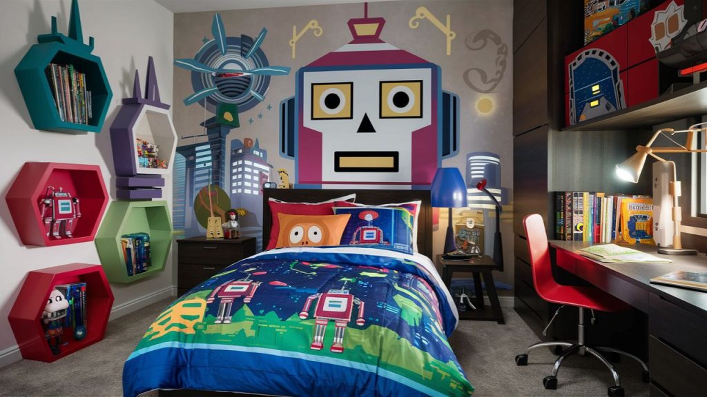 A boys' bedroom with a robot theme.