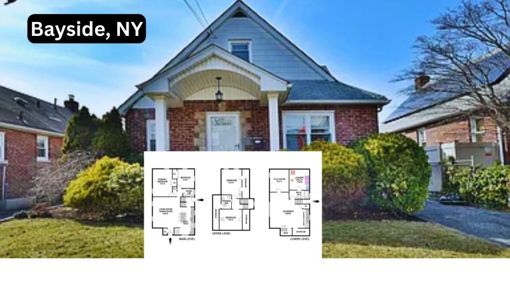 A classic brick home in Bayside, NY, with a well-kept lawn and an overlay of its floor plan.