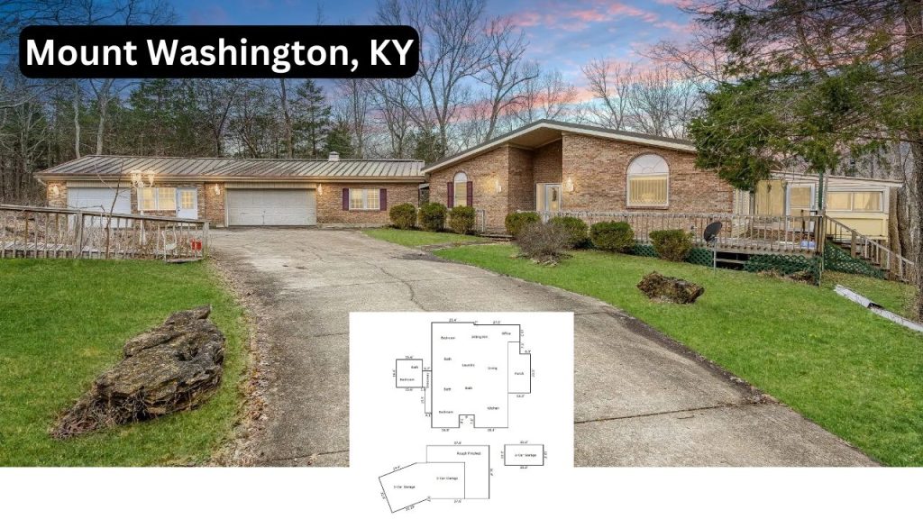 Brick ranch-style home in Mount Washington, KY, with a spacious driveway, attached garage, and lush greenery.