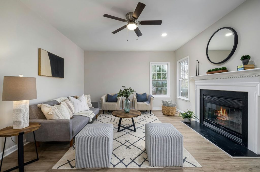 Plush and layered textures in living room.