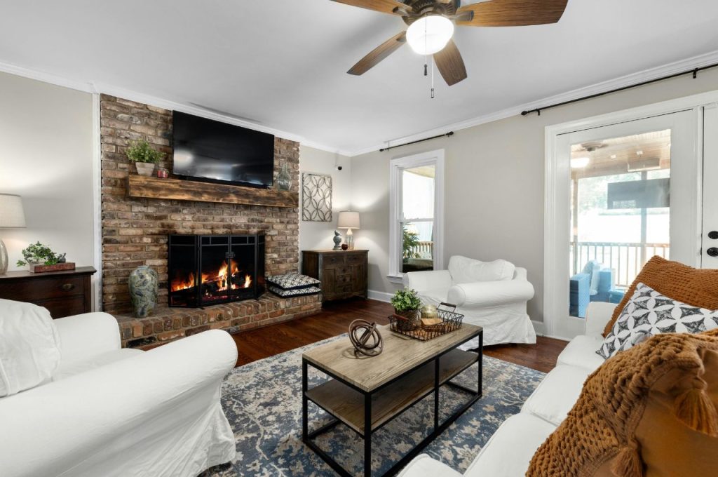 Fireplace as a focal point in a living room.