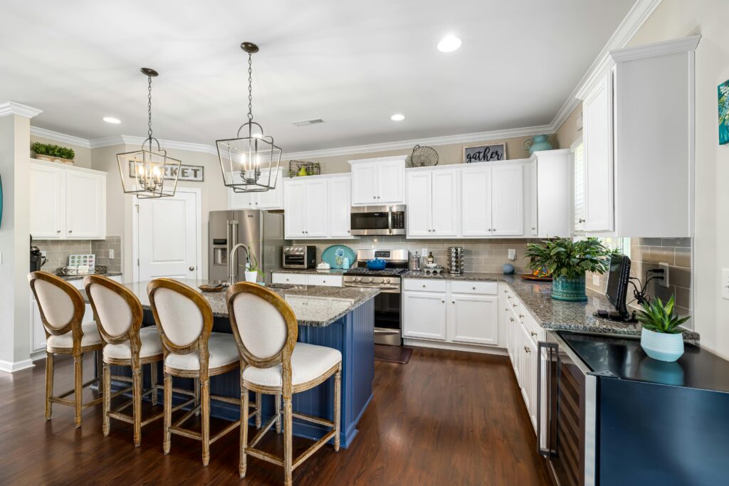 A French kitchen with hardwood floors.
