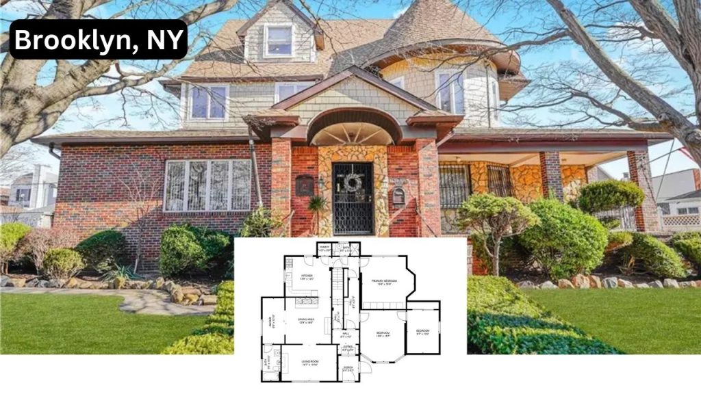 A classic brick home in Brooklyn, NY, with a well-manicured lawn and an overlaid floor plan.