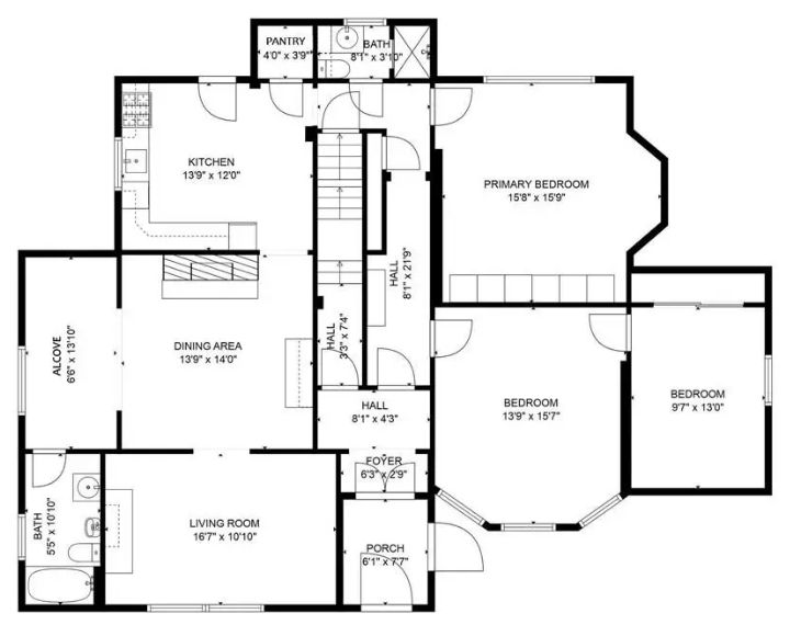 Floor plan featuring a kitchen, living room, dining area, three bedrooms, bathrooms, and a porch.