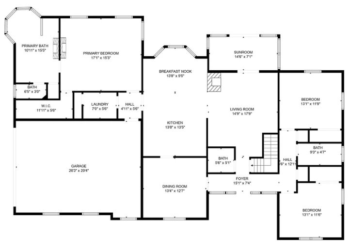A thoughtfully designed home floor plan featuring a primary suite, open-concept living spaces, and a sunroom.