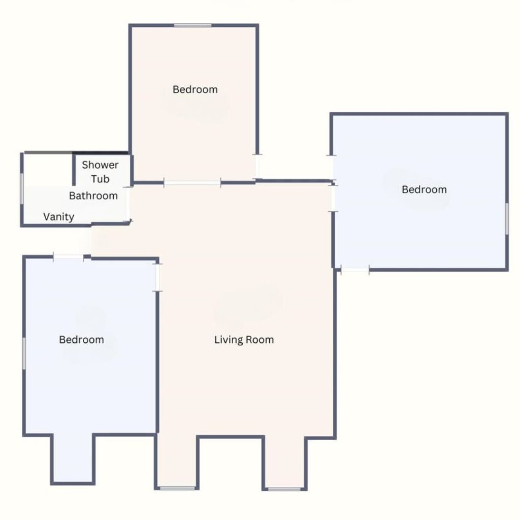 Floor plan with a living room, three bedrooms, and a bathroom with a shower and tub.
