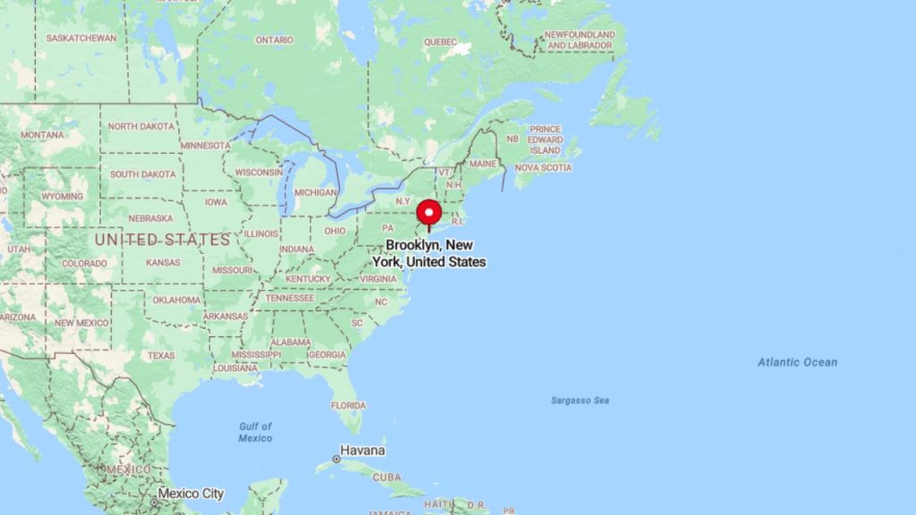 A map highlighting Brooklyn, New York, with a red location pin