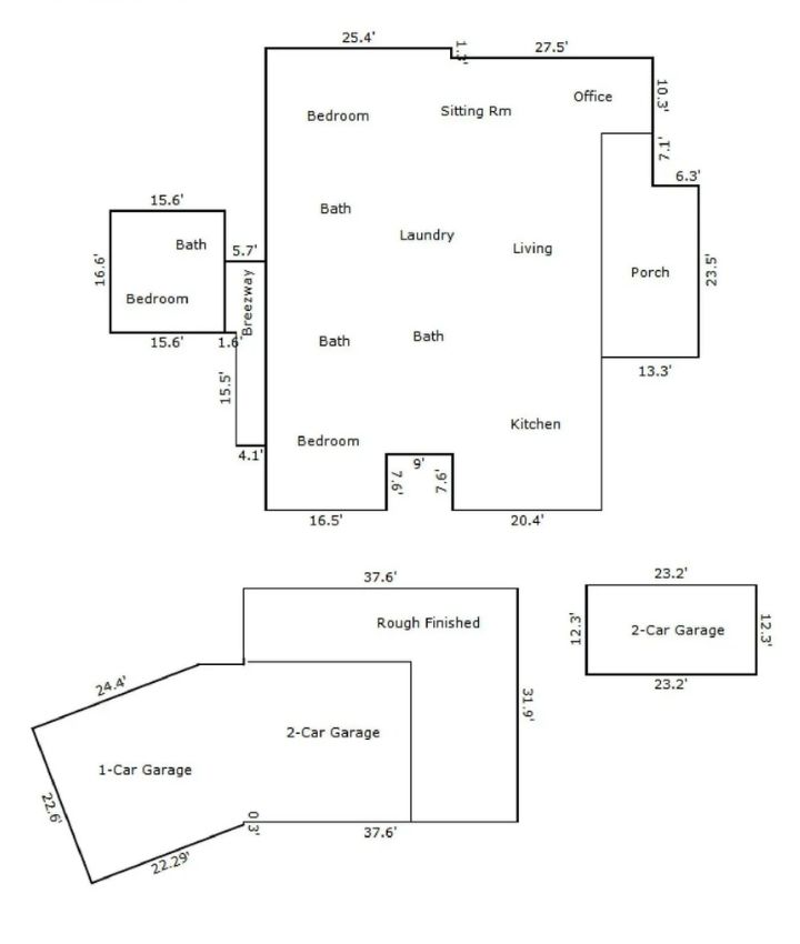 Floor plan of a spacious ranch-style home with bedrooms, living areas, and multiple garages.