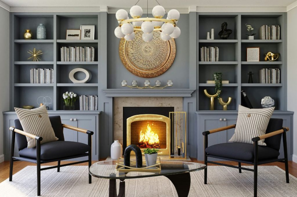 Living Room with built-in bookshelves.