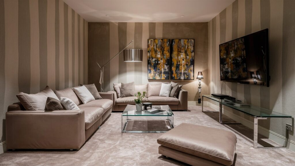 A living room with dated wall-coverings and flooring.