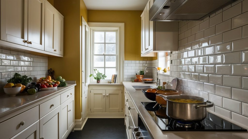 A contemporary kitchen with classic white cabinets and Golden Yellow painted walls.