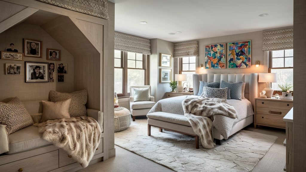 A primary bedroom with a reading nook, exuding comfort and style.
