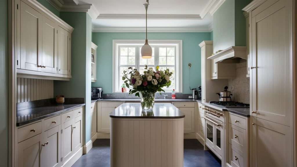 A contemporary kitchen with classic white cabinets and Soft Aqua painted walls.