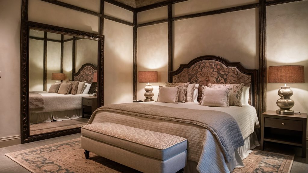 A primary bedroom with with a headboard, exuding comfort and style.