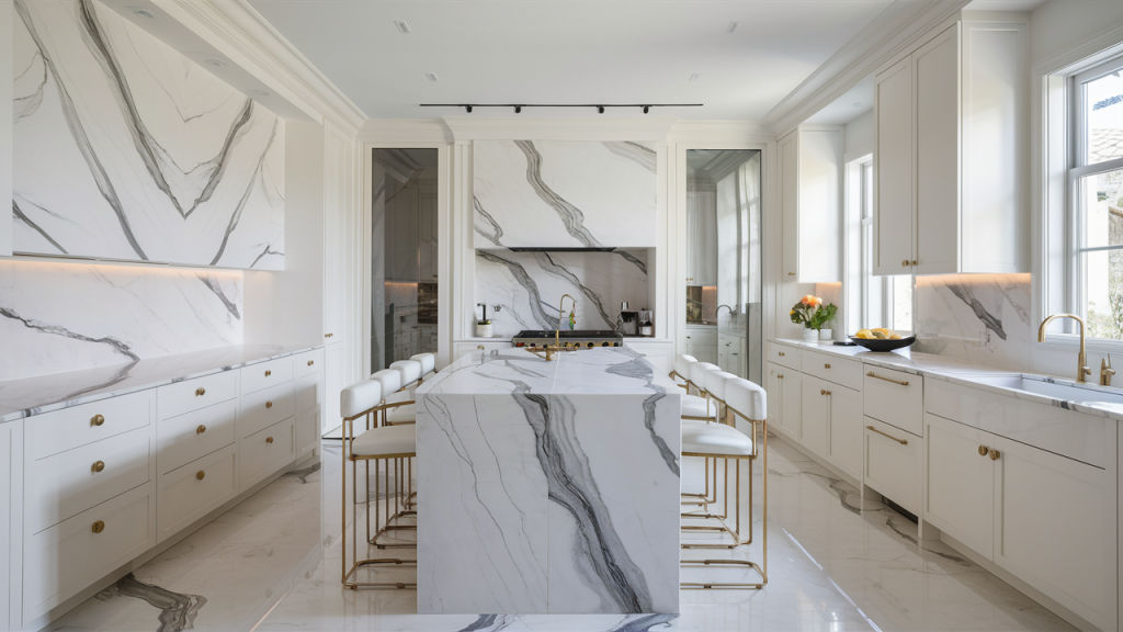 Marble Countertops Adding Depth to an All-White Space
