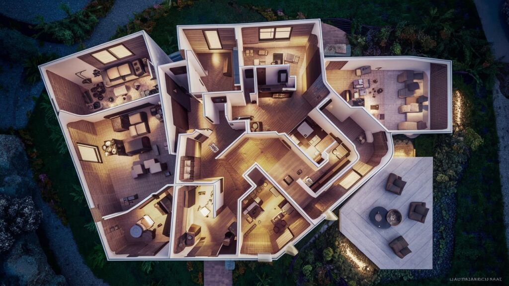 An aerial view of a house with a maze-like floor plan.