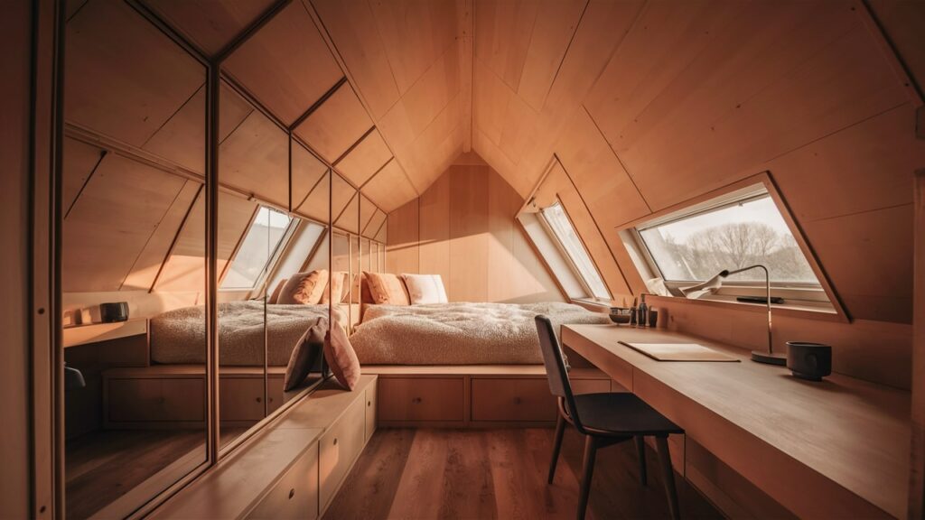 Interior of a tiny home with large mirrors.