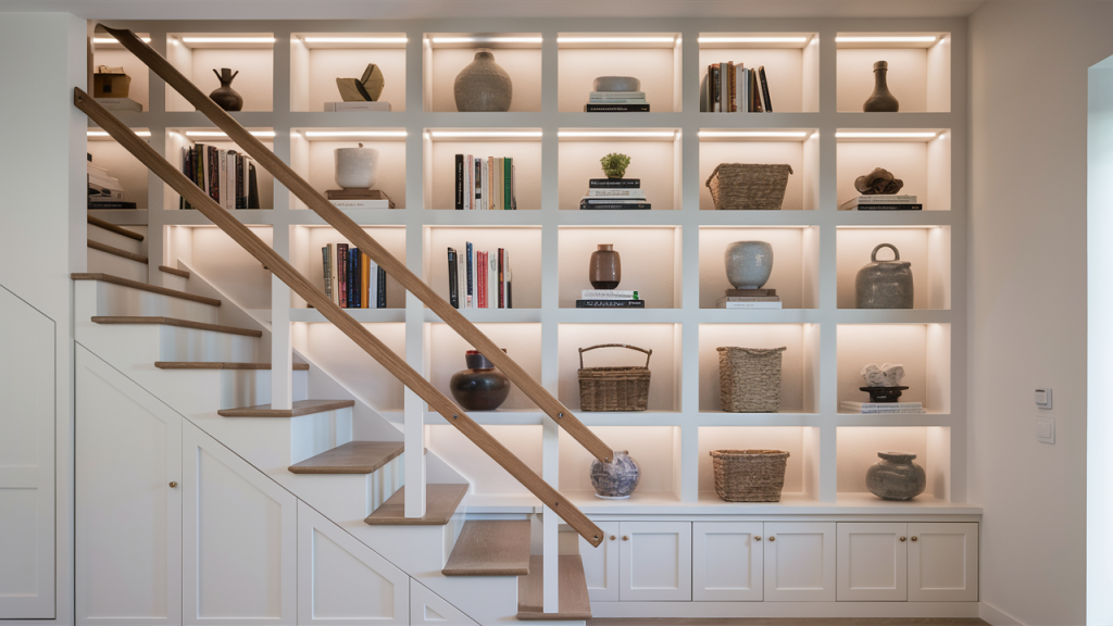 staircase landing shelves