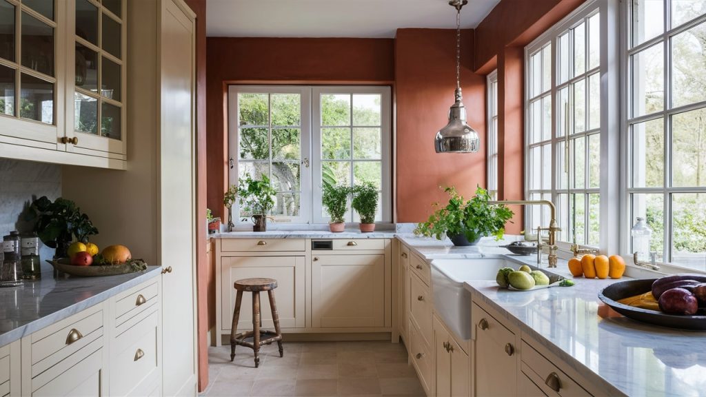 A contemporary kitchen with classic white cabinets and terracotta painted walls.