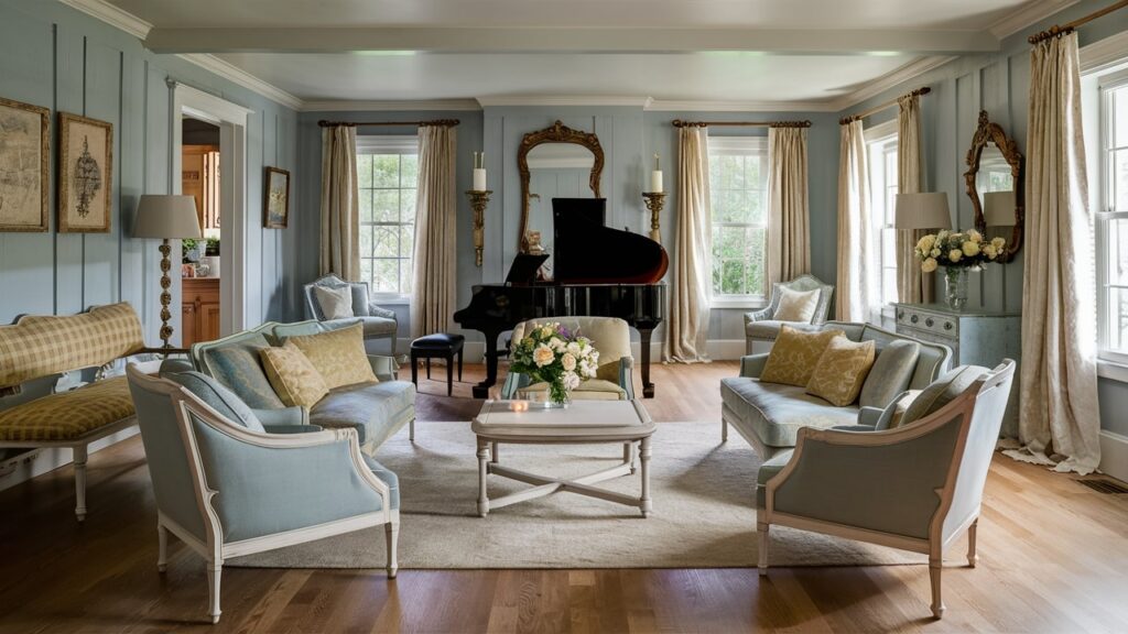 A charming French country-inspired transitional living room with a Grand Piano as a Centerpiece