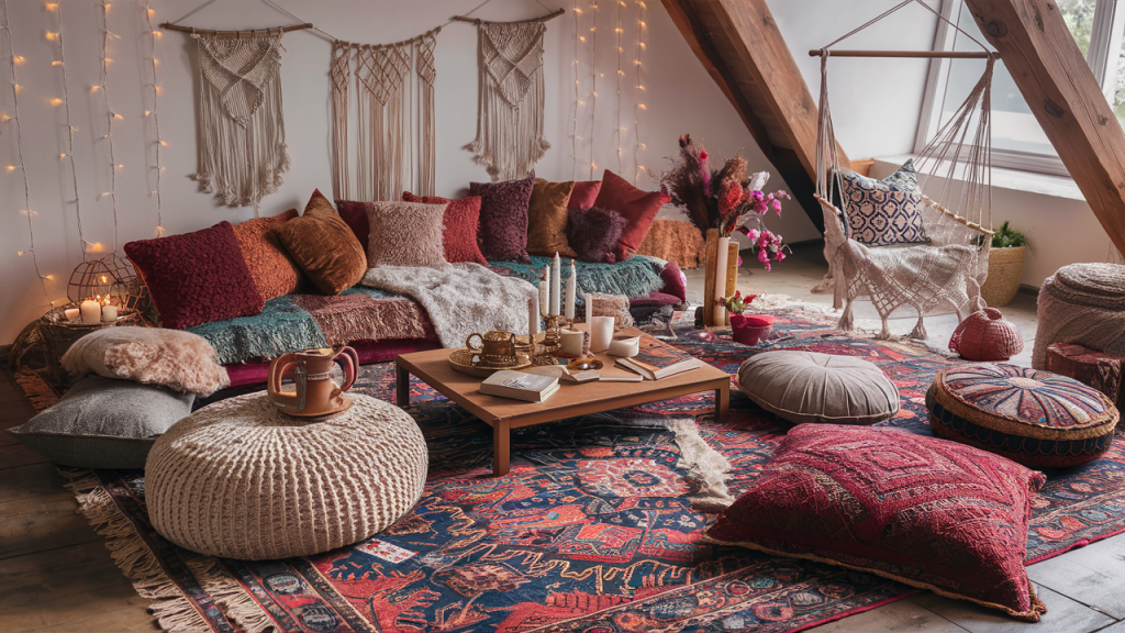 boho interior floor cushions and pouf