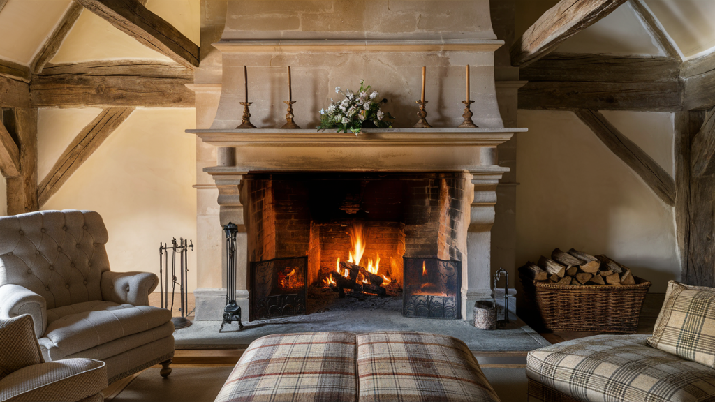 english cottage stone fireplace
