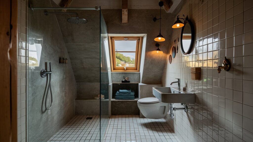 An AI image of a tiny bathroom with a curbless shower design.