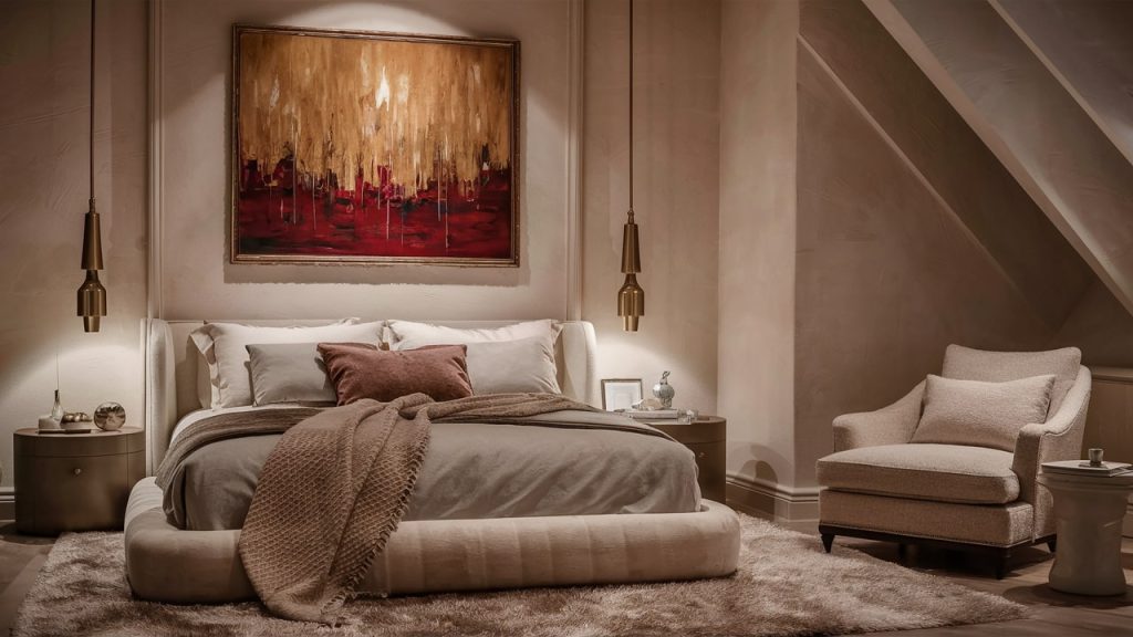 A primary bedroom design with art hanging over the bed, exuding comfort and style.